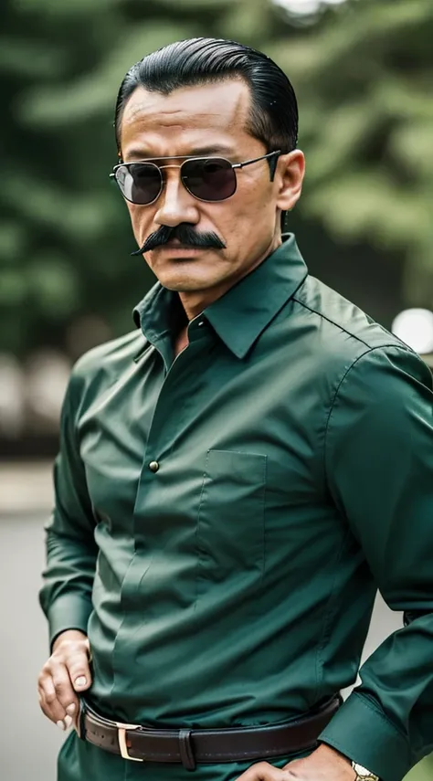 50 years old，hidetoshi nakata ，（kogoro mouri 1.3), a man in a dark green shirt, ray ban sunglasses, rolex watch, tong, mustache，...