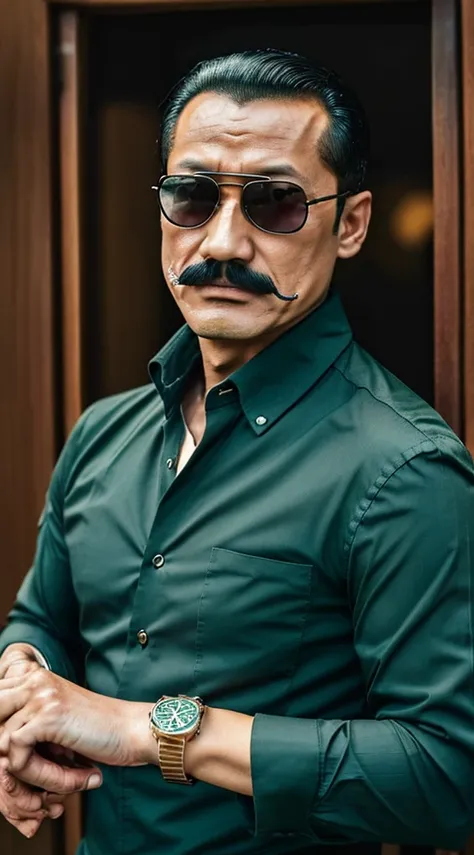 50 years old，hidetoshi nakata ，（kogoro mouri 1.3), a man in a dark green shirt, ray ban sunglasses, rolex watch, tong, mustache，...