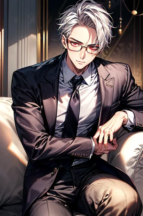 Depiction in motion、T hotel masterpiece，best qualtiy，1 male，As-，With short white hair，The shirt, seminude、anime handsome guy,Wearing a strict business suit, Dark suit, Handsome anime pose in suit and tie, Handsome stunning realistic,Red eyes、Adonis、Dressed...