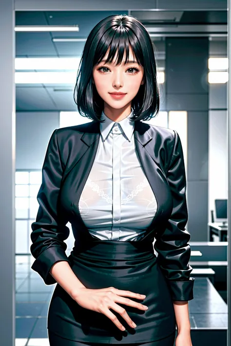 (modern office indoors), 1lady, solo, mature female, (black medium hair), bangs, (suit), (jacket), open jacket, (pencil_skirt), ...