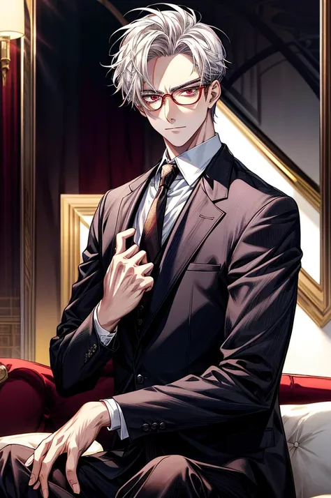 Depiction in motion、T hotel masterpiece，best qualtiy，1 male，As-，With short white hair，The shirt, seminude、anime handsome guy,Wearing a strict business suit, Dark suit, Handsome anime pose in suit and tie, Handsome stunning realistic,Red eyes、Dressed in a s...