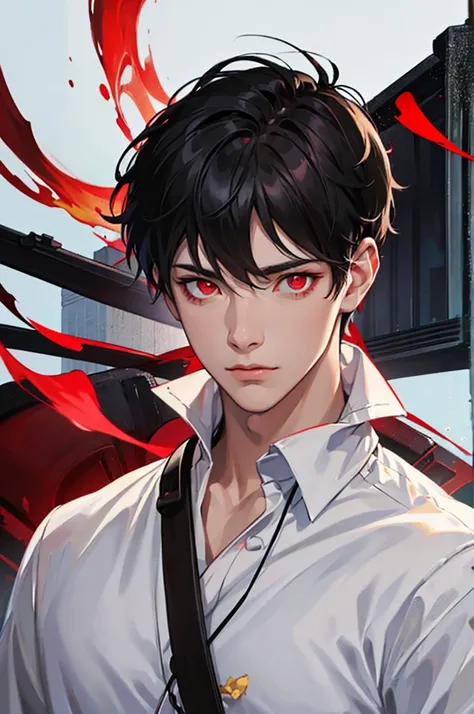 masutepiece, 1boy, Black hair, Short hair, Red Eyes, Glowing eyes, white  shirt, Upper body, Portrait