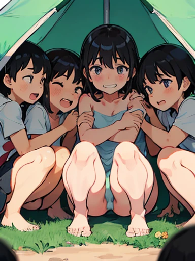 nudist girl squatting、Lots of friendly elementary school boys hugging each other、surround each other&#39;s faces、Laughter and joy、super long shot selfie、In the tent、Intense shame、Leaning forward