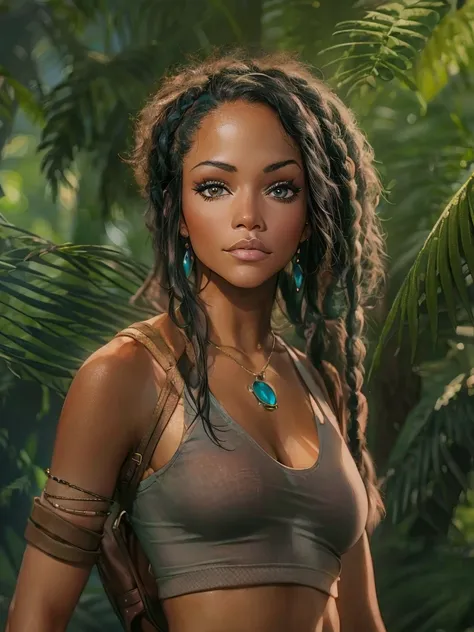 a woman (25 years old, hazel eyes, trendy makeup); from the dominican republic is standing in a jungle. she has long, braided ha...