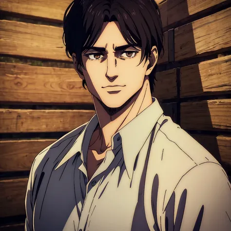 a male character with brown eyes and  with black medium  hair in the mappa art style. he is depicted in a grey shirt, showcasing...