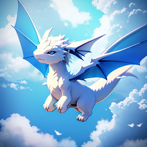 A small white dragon with blue a few blue scales, Anime, 3d, Small, Cute, Flying, Clouds, Pet, high detail.