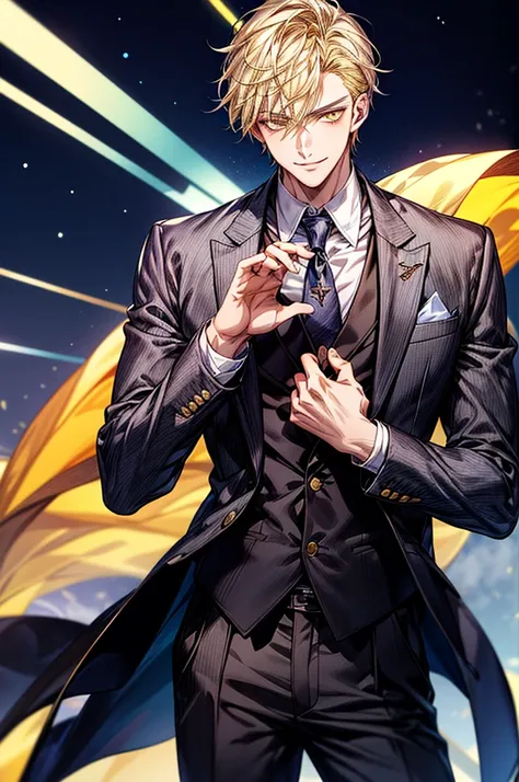 anime handsome guy, Dark suit, Handsome anime pose in suit and tie、Depiction in motion、1 male、Face Focus，Young men，short yellow hair，Yellow eyes、A smile，gray blazer uniform，trouser，Heavenly sky background，beautiful eye quality，facial detailing，schools（tmas...