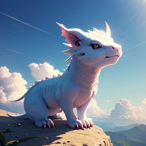 (best quality,4k,8k,highres,masterpiece:1.2),ultra-detailed,(realistic,photorealistic,photo-realistic:1.37),small white dragon,anime,3D,pet,high detail,flying,cute,clouds,blue scales