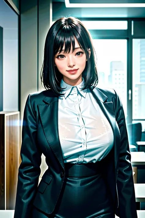 (modern office indoors), 1lady, solo, mature female, (black medium hair), bangs, (suit), (jacket), open jacket, (pencil_skirt), ...