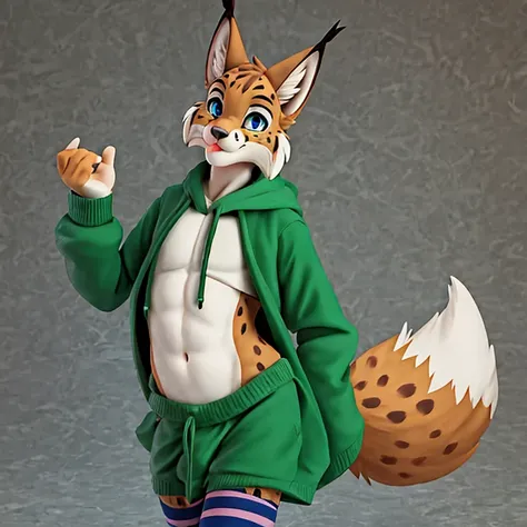 Solo, male , (male antro lynx) , sudadera verde,femboy,wearing stripped stockings, cuerpo completo, fox tail , (blue eyes), muslos grandes,blep