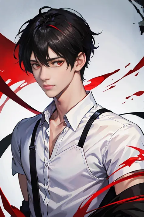 masutepiece, 1boy, Black hair, Short hair, Red Eyes, Glowing eyes, white  shirt, Upper body, Portrait