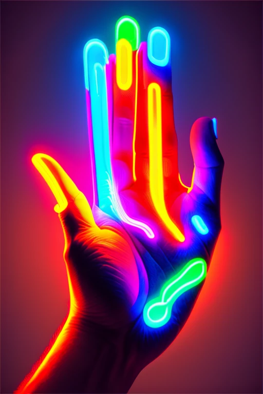 Beam of colorful neon lights from fingers