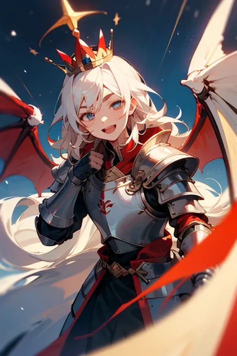 ((Best quality at best)), ((tmasterpiece)), (Detailed pubic hair), s the perfect face，1boys，Wearing a red gold crown with dragon wings、European boy in armor，Head up ，Smiling boldly，long white hair and eyebrowlood-red whites of the eyes，Photos of Ares Saga ...