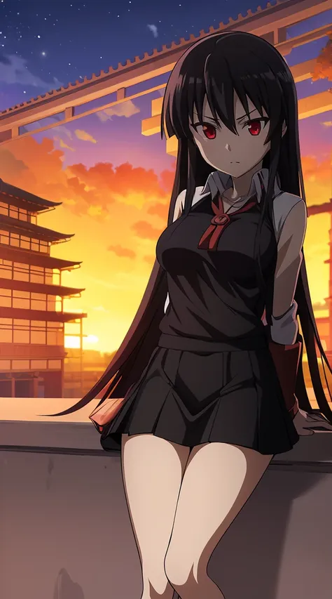 Akame (akame ga kill) anime art style, master piece, best quality,1girl,siting ,very long black hair, perfect face,  expressive eyes, red eyes ,medium breasts ((school uniform Japanese ,White shirt ,arms short ,black skirt )),black tie , looking at me ,ful...