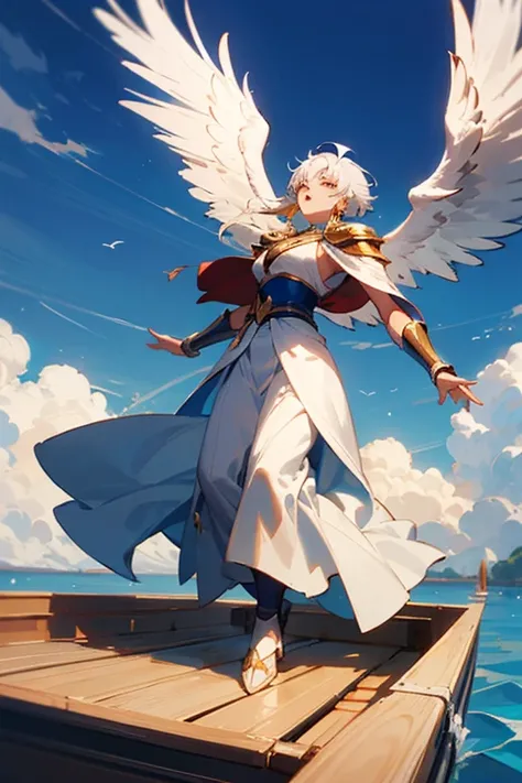 Girl looking up to the other side on the boat，Actress dancing in white cloak，《Saint Seiya》Mr. Mu has huge wings，Aresaga on the other side is holding the plank high when the soldierlying high like a big eagle