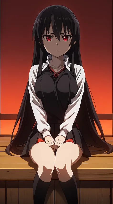 akame (akame ga kill) anime art style, master piece, best quality,1girl,siting ,very long black hair, perfect face,  expressive ...