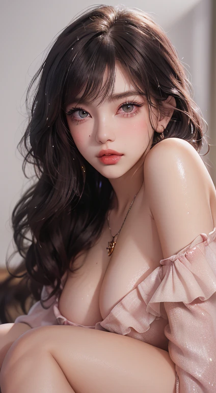 ((Detailed eyes)) ((detailed hair)), detailed skirt, detailed body, ((detailed face)) (top quality, 8k, masterpiece: 1.retty woman with perfect figure: 1.4, dark brown hair, big, wearing pendants, torn shorts, very detailed face and skin, detailed eyes, do...