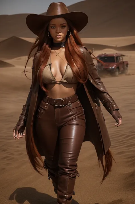 Rihanna Fenty, (((chubby))), (chubby face) natural collor hair, brown skin melanine, old wildwest bang bang full clothes, cowgirl leather hat, background old west bang bang, night, very steam, brown leather clotes, very ripped leather whole jumpsuit, earin...