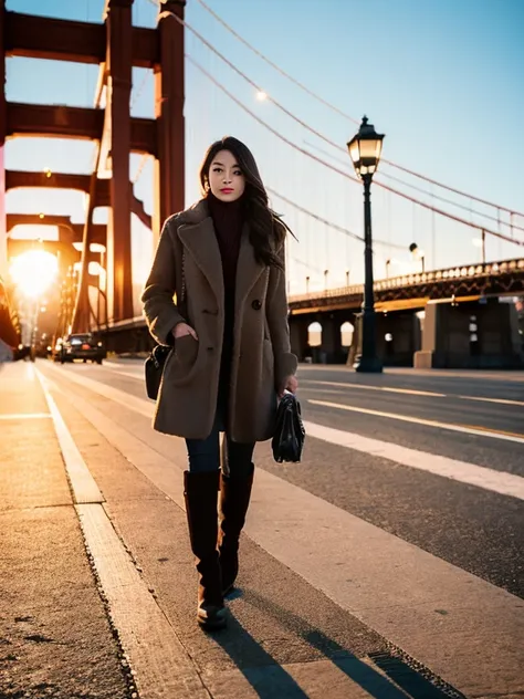 Model girl standing on the Golden Gate Bridge in San Francisco, wearing a trendy warm winter coat, heavy snow,sunset,