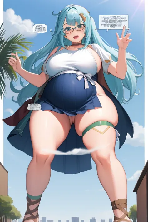 Masterpiece, Giant maiden，Moe two-dimensional style，Pregnancy status，Round belly, Huge breasts, Thick thighs, Thicc，Gaze at the bustling city, Lying down, Burp, Burping, Really loud Burp, Glasses, Yukata, Embarrassed, Full body