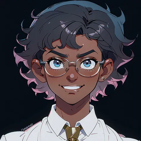 1boy smiling, curly hair, short hair, glasses, dark-skinned, looking at a mirror, white & black colors,jojo bizarre adventure style