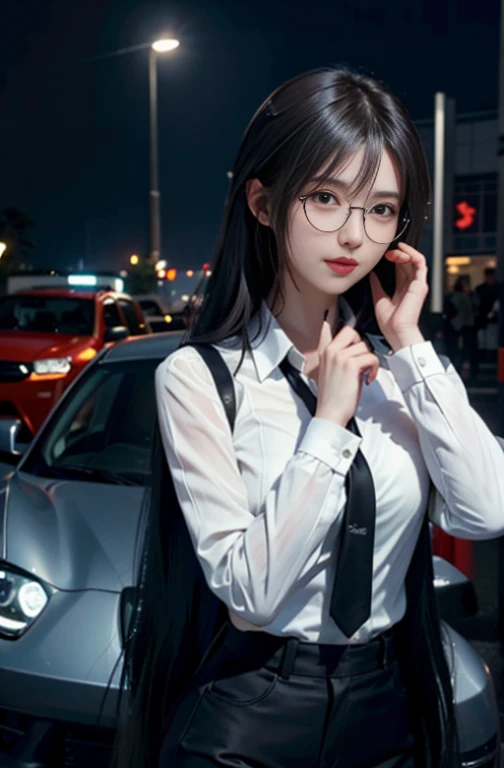 (masutepiece:1.2, Best Quality), 8K,Sharp Focus, One cool woman posing with a sports car, long and untidy hair, Wearing sunglasses, Wearing a black suit with a white shirt and tie,Dynamic Pose, Night city background with beautiful lighting