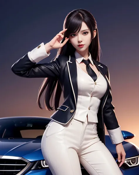 (masutepiece:1.2, Best Quality), 8K,Sharp Focus, One cool woman posing with a sports car, long and untidy hair, Wearing sunglasses, Wearing a black suit with a white shirt and tie,Dynamic Pose, Night city background with beautiful lighting