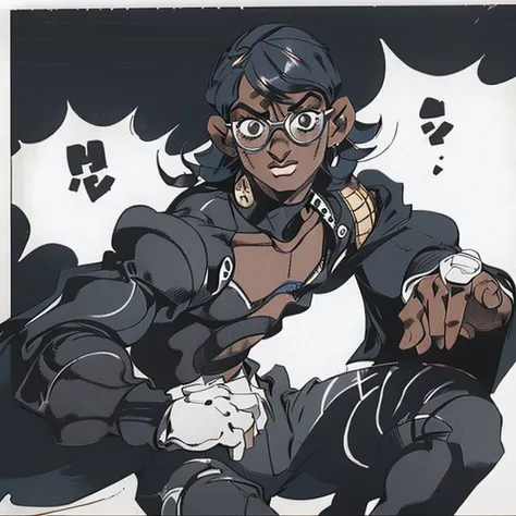 1boy smiling, curly hair, short hair, glasses, dark-skinned, looking at a mirror, white & black colors,jojo bizarre adventure style