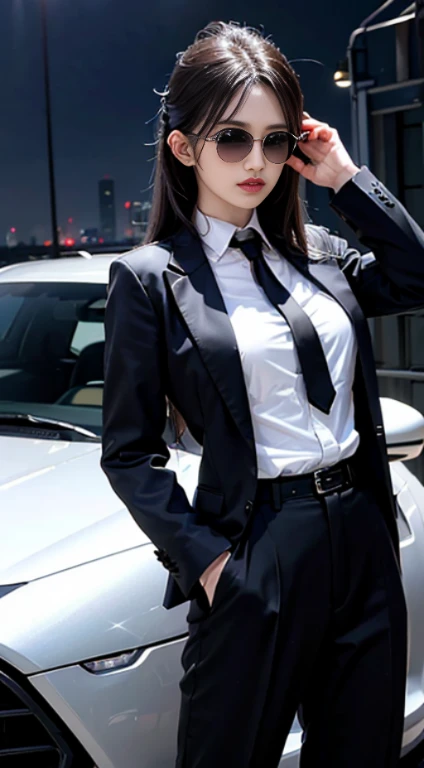 (masutepiece:1.2, Best Quality), 8K,Sharp Focus, One cool woman posing with a sports car, long and untidy hair, Wearing sunglasses, Wearing a black suit with a white shirt and tie,Dynamic Pose, Night city background with beautiful lighting