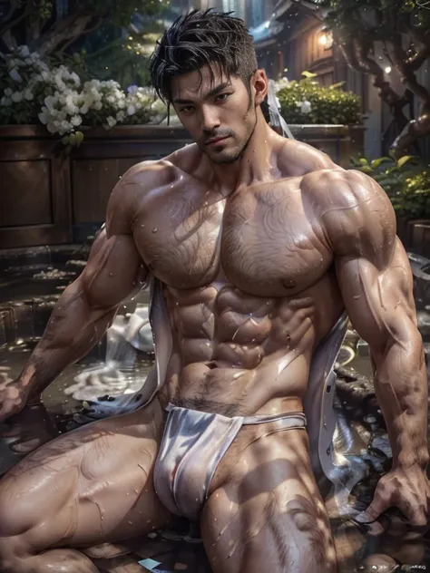 Two men in outdoor spa，taking a shower，(8K，(8K分辨率)，two european men，35yo，Tall guy，(Handsome(brunette twins，twins，Plump，cool guy，largeeyes，Sexy and charming expression，短发the detail，melancholic sharpness&#39;lewd eyes，masseter membrane、well built、put on eyes...