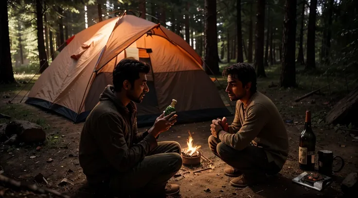 Ayoub and Munir, camping in a dense forest, terrified in the dark, sitting in the dirt, with a wooden fire in the middle of Ayoub and Mounir, and behind them a small torn tent. Mounir holds a bottle of wine in his hands, and cries, while Ayoub checks on hi...