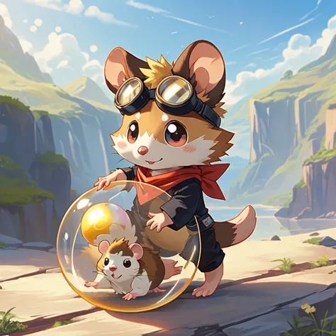 ((1hamster in a plastic ball, animal solo, male hamster, goggles on forehead)), cute, cool, chibi, red neckerchief, adventurer, best_quality, design, hires, (highly detailed:0.5), centered, round