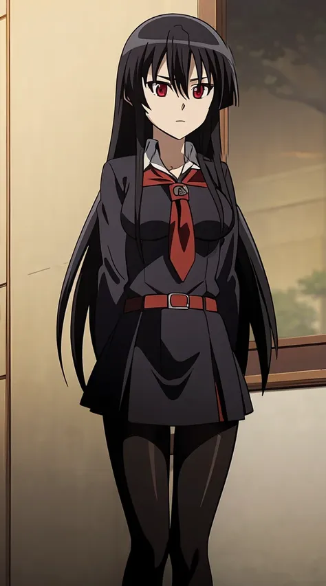 Akame (akame ga kill) anime art style, master piece, best quality,1girl,very long black hair, perfect face, expressive eyes, red eyes ,medium breasts ((school uniform Japanese ,White shirt ,blue serafuku, pantyhose,black skirt )),red tie , looking at me ,f...