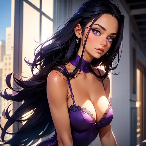 (masterpiece, best quality),1girl with long purple-black hair standing on the edge of a sky scraper, swedish face with sharp features, her hand under her chin, warm lighting, gothic revealingdress, blurry foreground, glowing purple eyes, golden-tan skin