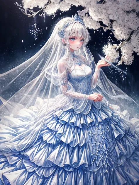 masutepiece, ighly detailed, Ultra-detailed, Solo, (1girl in), (pale skin), Silvery eyes, Frosty white hair, (snowy background), snowflake rosen flower:1.5), (crystal crown), (shining crystal), (((Transparent dress))), (Snowy ground), (Icy breath), (Frozen...