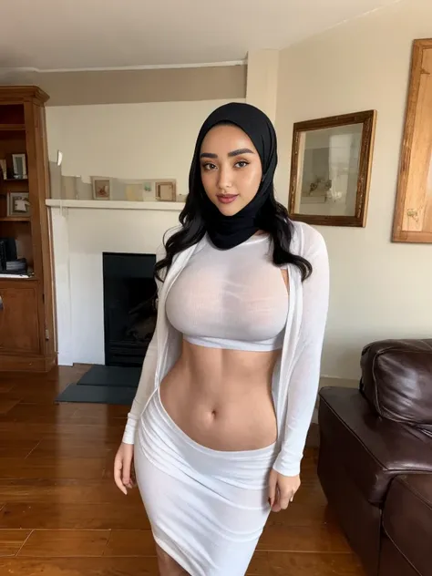 8k, High-res, masterpiece, best quality, best detailing,woman, solo, 28yo, beautiful woman using hijab, hijab, costume with red bra and white skirt, sexy dance, in the living room, with fireplace behind, busted boobs, bigbutt, loveable, smile, cute face, s...