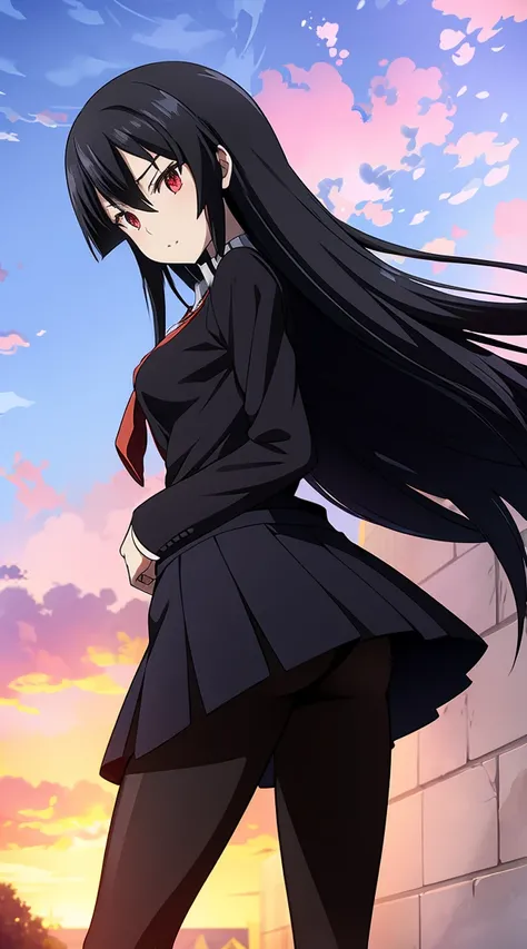 Akame (akame ga kill) anime art style, master piece, best quality,1girl,very long black hair, perfect face, expressive eyes, red eyes ,medium breasts ((school uniform Japanese ,White shirt ,blue serafuku, pantyhose,black skirt )),red tie , looking at me ,f...