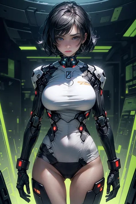 1 woman, mature, beautiful countenance, largeeyes, (humongous large breast), (cybernetic body parts),, Short underwear, cow boy shot, (Background with: Future cyberspace battlefield),  (depth of fields), masterpiece, actual, impossible details, quality