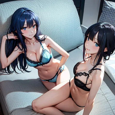 Black hair, sexy, large breasts, ((sky blue lingerie)), ((sky blue underwear))