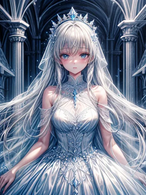 (masutepiece), (Illustration), (Best Quality), (Cinematic), 8K, (art  stations), Li Yue Style. (長い白い髪とSilvery eyesを持つ1人の女の子), (流れるようなWhite sheer dress)、Beautiful delicate face] [ Blue skin] [+ Body parts] [ Particle Lou Full Moon] [frozen blue tree々] [Land...