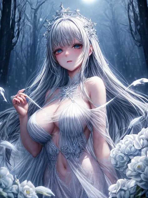 (masutepiece), (Illustration), (Best Quality), (Cinematic), 8K, (art  stations), Li Yue Style. (長い白い髪とSilvery eyesを持つ1人の女の子), (流れるようなWhite sheer dress)、Beautiful delicate face] [ Blue skin] [+ Body parts] [ Particle Lou Full Moon] [frozen blue tree々] [Land...