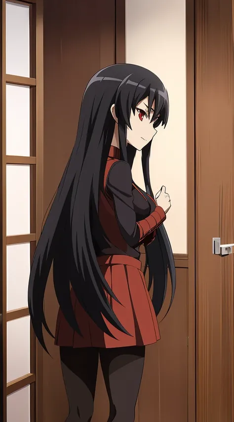 Akame (akame ga kill) anime art style, master piece, best quality,1girl,very long black hair, perfect face, expressive eyes, red eyes ,medium breasts ((nudes , pantyhose )), looking at me ,full body, background hotel room