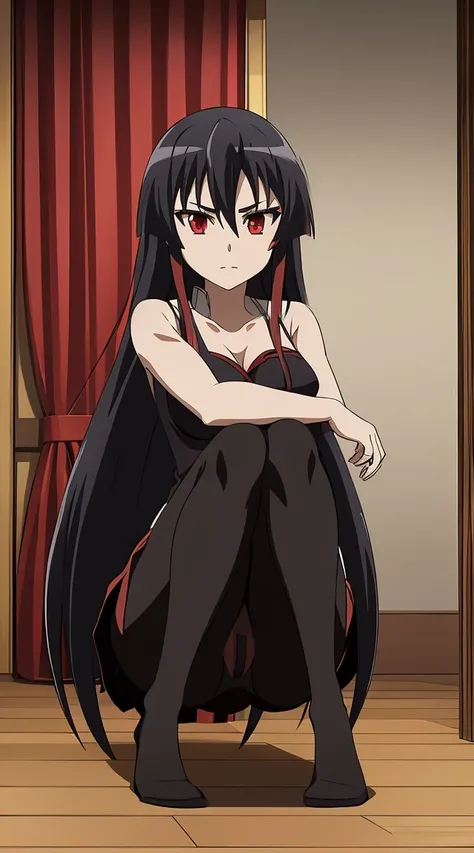 Akame (akame ga kill) anime art style, master piece, best quality,1girl,very long black hair, perfect face, expressive eyes, red eyes ,medium breasts ((nudes , pantyhose )), looking at me ,full body, background hotel room