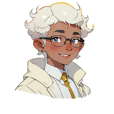 1boy smiling, curly hair, short hair, round glasses, white skin,
nose and mouth of a black person,
small gold piercings in the ears, with hair shaved to the side, with a white jacket and white shirt