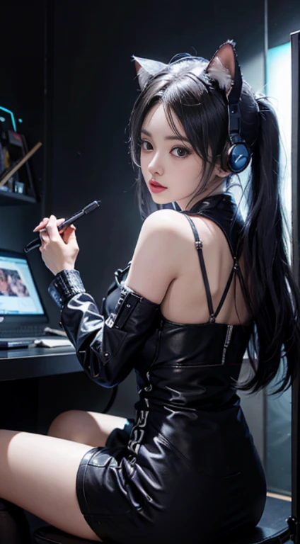 masutepiece, Beautiful, 8K,4K, amazing quality, Cyberpunk, Futuristic, Extreme Detail, ultrasharp, Smooth, Ray tracing, Fine detail, High-quality lighting, Perfect,underboob,  Cat Ear Headphones