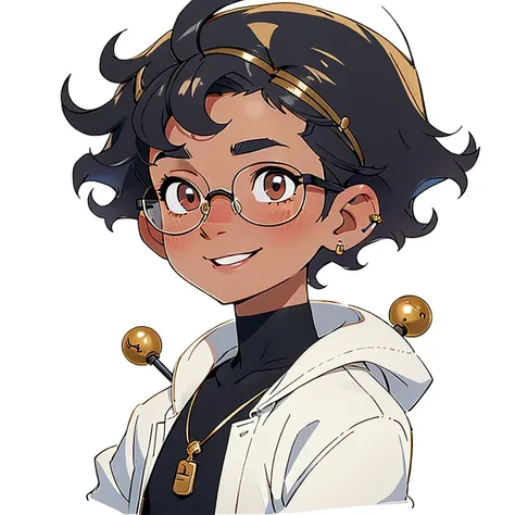 1boy smiling, curly hair, short hair, round glasses, white skin,
nose and mouth of a black person,
small gold ear piercings, with hair shaved to the side, wearing a white shirt with a white jacket