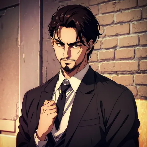 A male character who is 20 years old  who has brown eyes and black  hair in the Mappa art style. He is depicted in a grey shirt, showcasing a sharp jawline. He has short beard  in anchor goatee style .He is also wearing black three piece suit. He is also f...