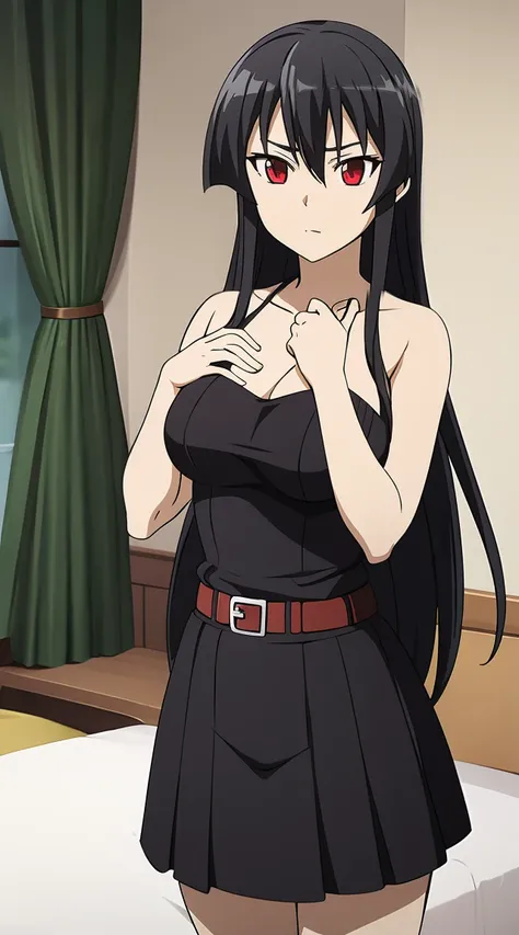 Akame (akame ga kill) anime art style, master piece, best quality,1girl,very long black hair, perfect face, expressive eyes, red eyes ,medium breasts ((nudes)), looking at me,sexy pose ,full body, background hotel room