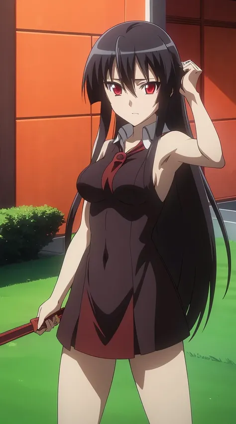 Akame (akame ga kill) anime art style, master piece, best quality,1girl,very long black hair, perfect face, expressive eyes, red eyes ,medium breasts ((nudes)), looking at me,sexy pose ,full body, background hotel room