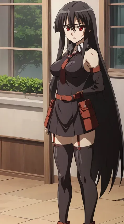 Akame (akame ga kill) anime art style, master piece, best quality,1girl,very long black hair, perfect face, expressive eyes, red eyes ,medium breasts ((nudes)), looking at me,sexy pose ,full body, background hotel room